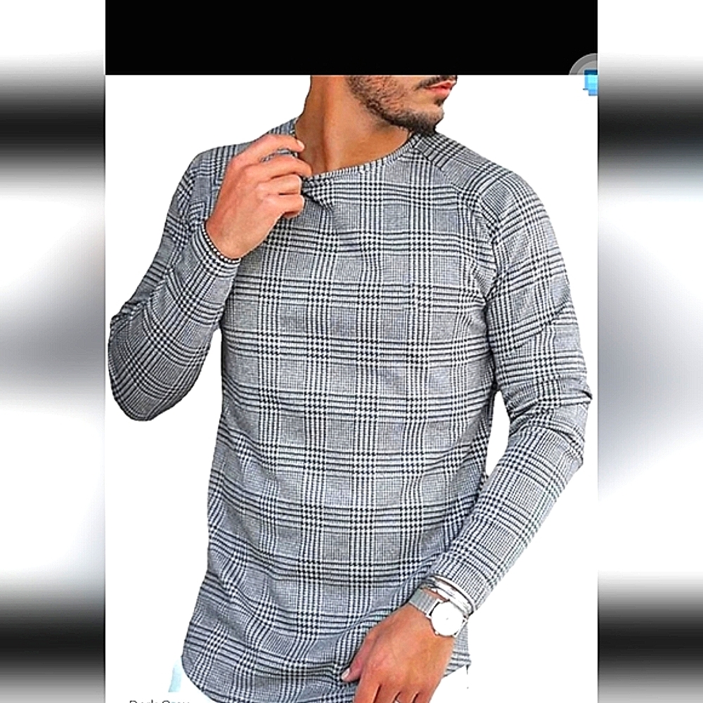 MEN'S LONG SLEEVE TEE SHIRT/ HOUNDSTOOTH PLAID CASUAL